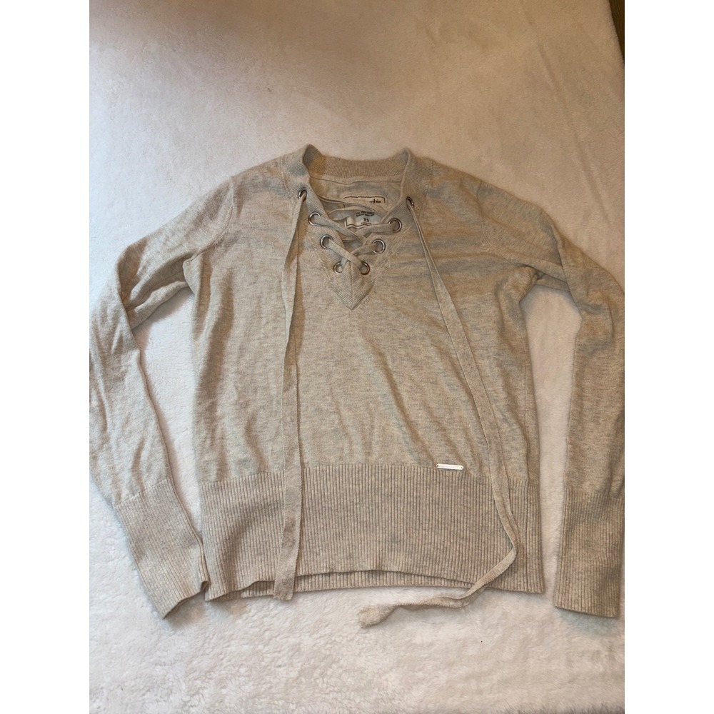 Abercrombie & Fitch Womens Lace Up V-Neck Sweater Oatmeal Beige XS Long Sleeve